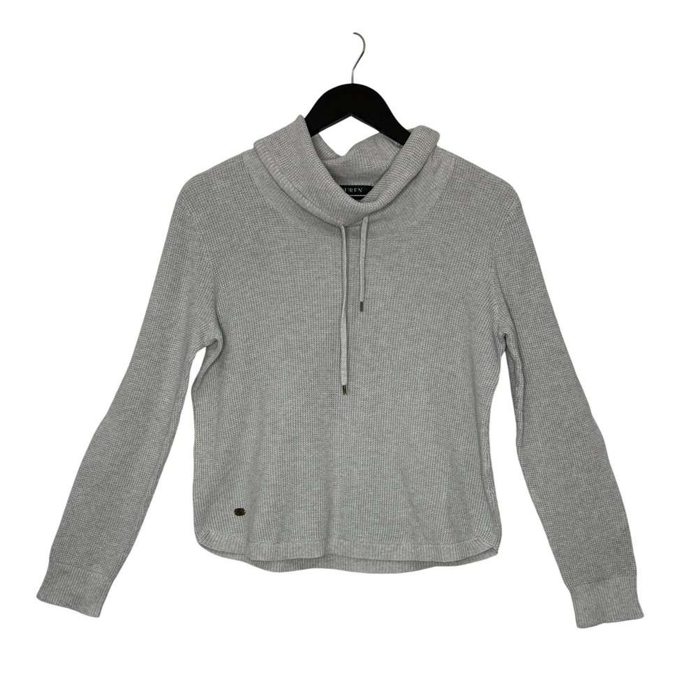 Lauren Ralph Lauren Waffle Knit Top Large Gray Funnel Neck Drawstring Preppy